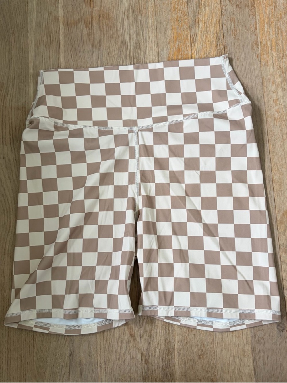 Pink Lily Cream & Tan Checkerboard Biker Shorts | High Waisted Size Medium